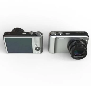 Small silver camera on white background - front and back view, ideal for digi Illustrazione stock