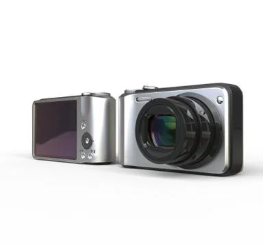 Small silver camera on white background front and back view - angle shot, ide Illustrazione stock