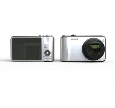 Small silver camera on white background front and back view, ideal for digita Illustrazione stock