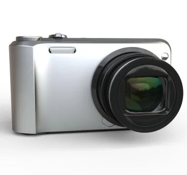 Small silver camera on white background close up shot, ideal for digital and Stock Illustration