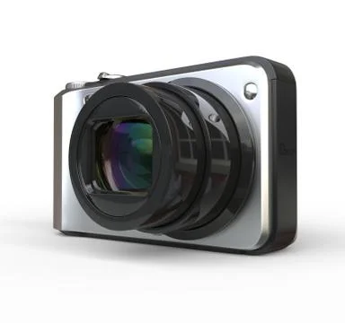 Small silver camera on white background, close up of the lens, ideal for digi Stock Illustration