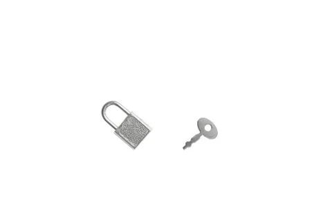 Small silver padlock and key. White isolate. Stock Photos