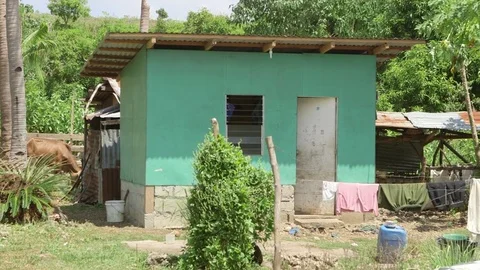 A small, simple green house with laundry hanging on a line Stock Footage 76333236