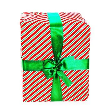 A small, single gift box wrapped in silver paper with a white ribbon, isola.. 스톡 사진