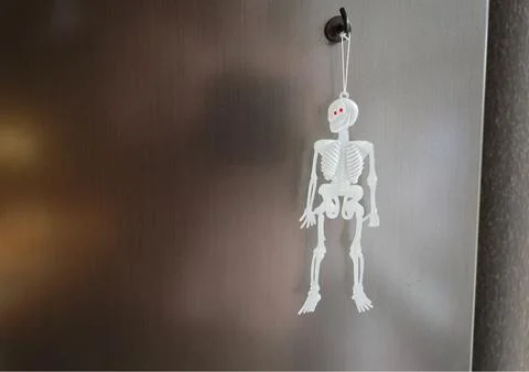 Small skeleton hanging on metal hook decoration Stock Photos