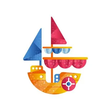 Small sloop ship with colored sails flat vector Illustration on a white Stock Illustration