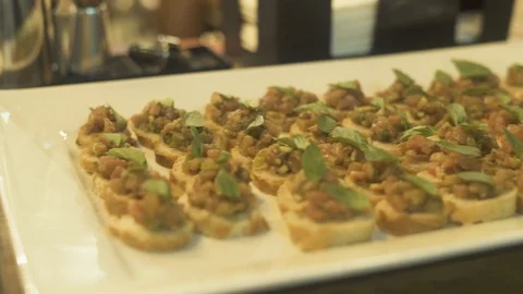 Small snacks on table at event party. Close up appetizing snacks on party table Stock Footage 95170233