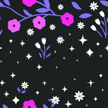 A small snowdrop flower on a black background, hand-drawn vector seamless p.. Stock Illustration