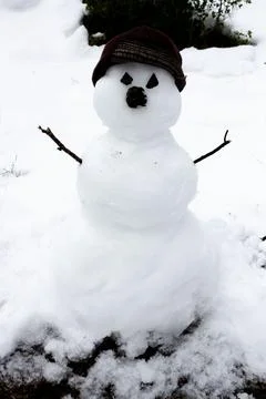 Small snowman with a hat and tiny arms Stock Photos