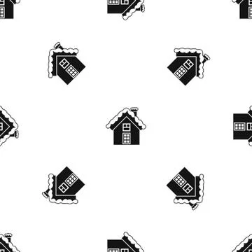 Small snowy cottage pattern seamless black Stock Illustration