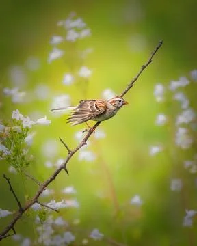Small sparrow perched on a thin branch 스톡 사진