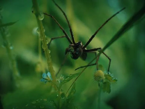 Small spider in grass spring foliage with water drops Stock Photos