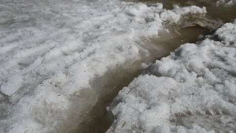 Small spring brook in melting snow in spring Видео 151865906