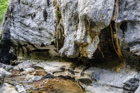 Small spring close to the cave in Navarra's mountain Stock Photos