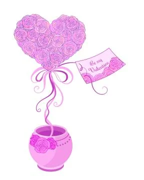 Small spring tree  topiary with  pink roses  and ribbons in violet pot Stock Illustration