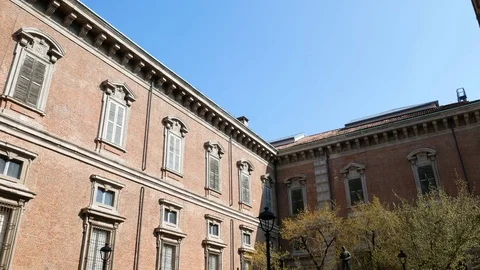 Small square on the lateral side of the Palazzo Brera, in Milan Stock Footage 73444779
