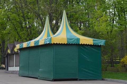 Small stalls for the fair. Empty closed stalls for trade during a pandemic. E Stock Photos