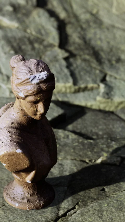 Small statue on rocky surface with natural lighting in outdoor setting Stock Footage 333565651