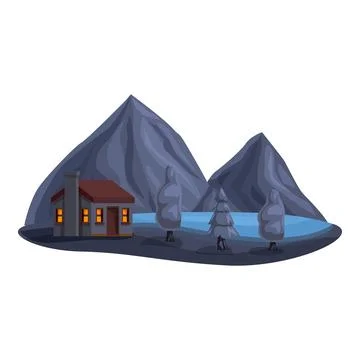 Small stone house with glowing windows overlooking a lake and mountains at night Ilustración de archivo
