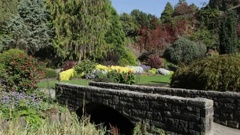 Small stone walking bridge in foreground in a manicured park Stock Footage 146669262