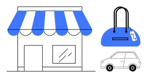 Small store with blue-striped awning, blue handbag with price tag, white car. Stock Illustration