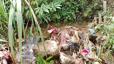 Small stream filled with household waste Stock Footage 224982972
