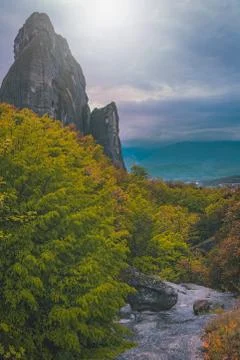 Small stream flowing through the Meteora landscape Stock Photos