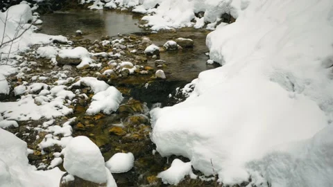 Small stream flowing in winter with chunks of ice and snow surrounding it Stock Footage 195961926