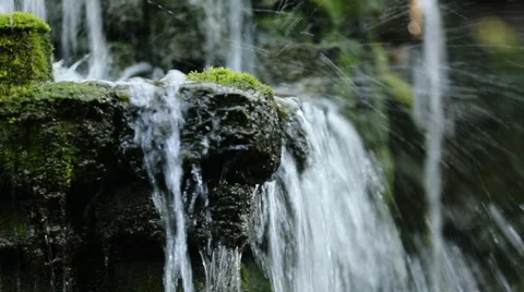 Small stream flows on moss stones close up Stock Footage 65503218
