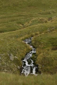 A small stream flows through a grassy meadow, with rocks, Georgia Stock Photos