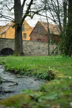 A small stream flows through a park, with a bridge and houses in the background Stock Photos