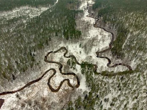 A small stream named Gruda from above, Lithuanian winter forests Foto stock