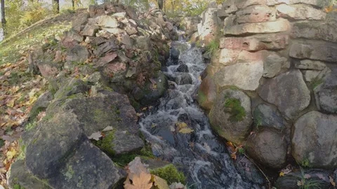Small stream with rapids runs between brown stones in park Stock Footage 147171139