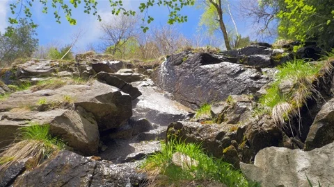 A small stream running down a mountainside in a forest. Vídeos de archivo 108847153
