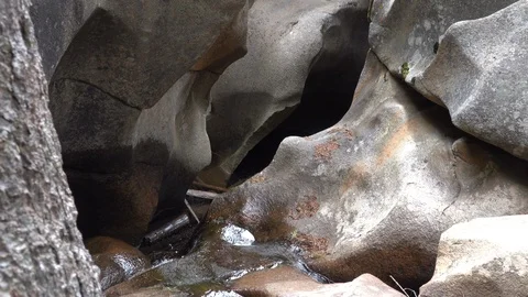 Small Stream runs from pool to pool along the floor of caves opening. Stock Footage 117580613