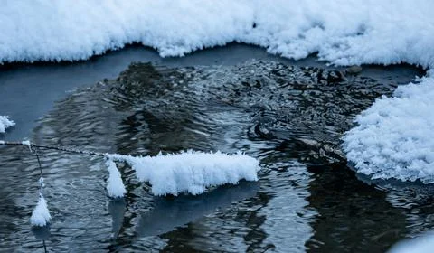 Small stream with a small opening in the snow covered ice. Cold winters day. Stock Photos
