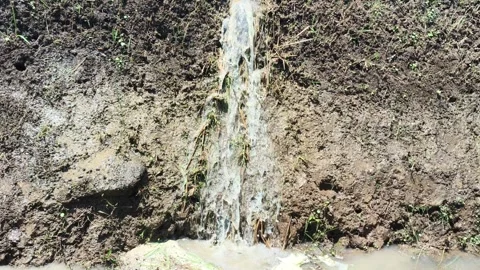 Small stream of water flowing down a muddy soil slope Stock Footage 346485136