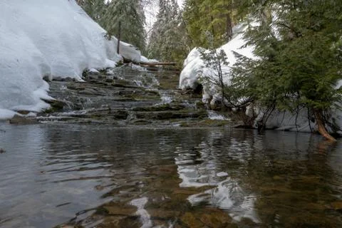 Small stream waterfall surrounded by coniferous trees during spring thaw Stock Photos