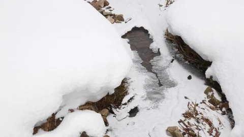 Small stream in winter, snow covered ground. Stock Footage 73297863