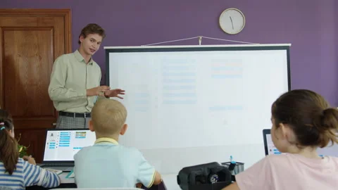Small Students Looking at Teacher during New Topic at IT Class Stock Footage 280536045
