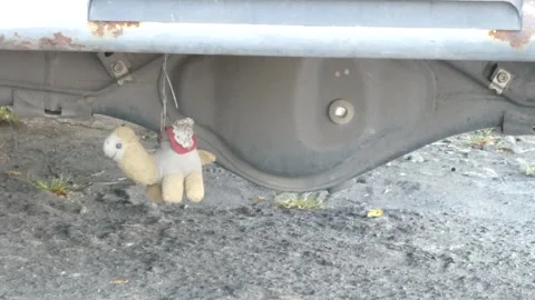 Small stuffed camel toy hanging from vehicle undercarriage, automotive chas.. Stock Footage 345198508