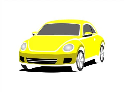 A Small Stylized Car, Front view, Three-quarter view. Yellow Car With A Round Stock Illustration