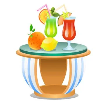 Small table with set of fresh fruit drinks isolated on white background. Vector Stock Illustration