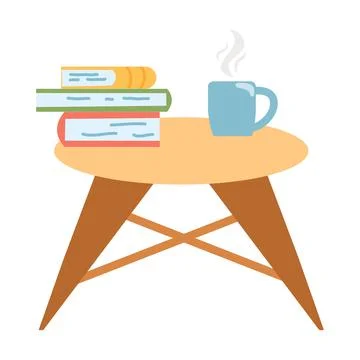 Small table with a stack of books and a cup of coffee or tea in cartoon flat  Stock Illustration