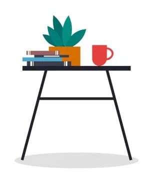 A small table with a stack of books, potted plant and a cup of coffee or tea Stock Illustration