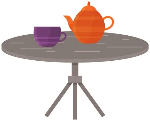 Small table with tea tableware, teapot and cup of coffee, multicolored service Illustrazione stock