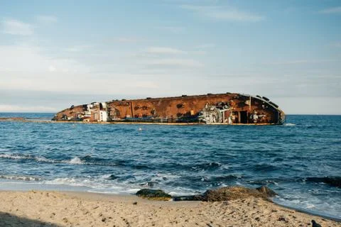 Small tanker DELFI which crashed off the coast of Odessa beach Stock Photos
