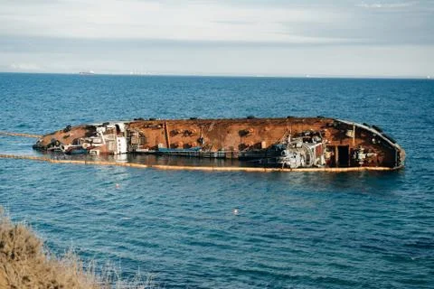 Small tanker DELFI which crashed off the coast of Odessa beach Stock Photos