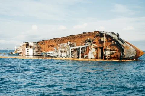 Small tanker DELFI which crashed off the coast of Odessa beach Stock Photos