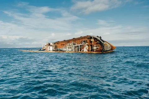 Small tanker DELFI which crashed off the coast of Odessa beach Stock Photos
